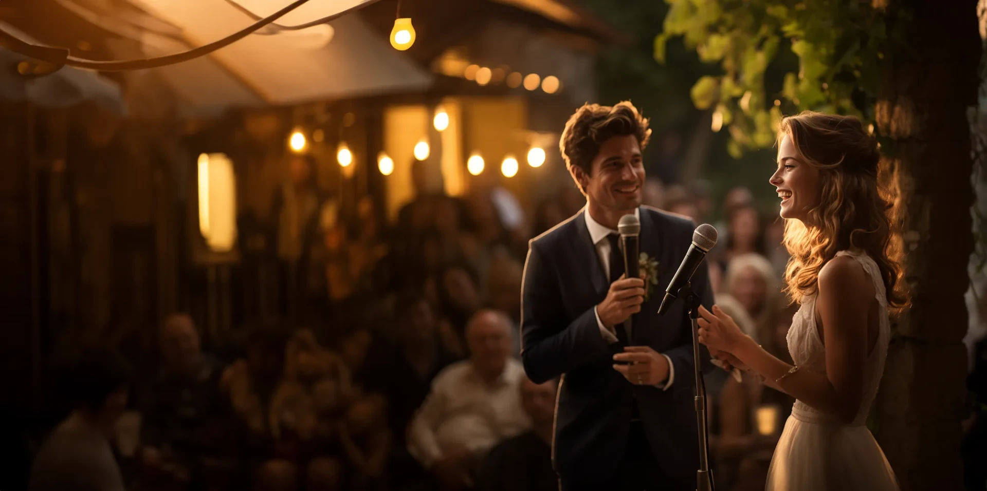 newly wedded couple exchanging joyful speeches crafted by Verble at their wedding ceremony