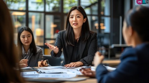 Asian businesswoman pitching to colleagues ai