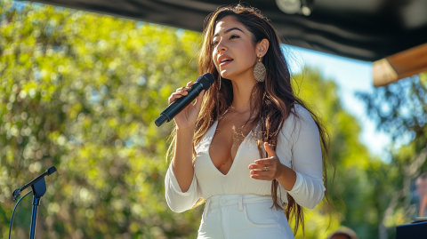 A speaker delivering a engaging speech at a conference, aimed at enhancing audience connection with an AI writing tool