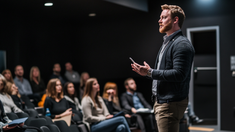 Conference speaker speeching in front of crowd ai