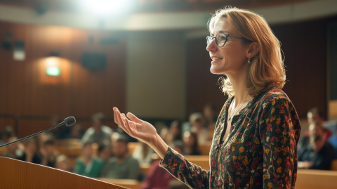 Femaleprofessor speeching in front of students ai