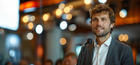 Man giving speech written by AI speech writer