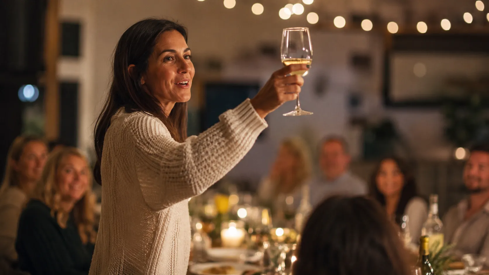 A woman raising a glass to give a toast at a dinner