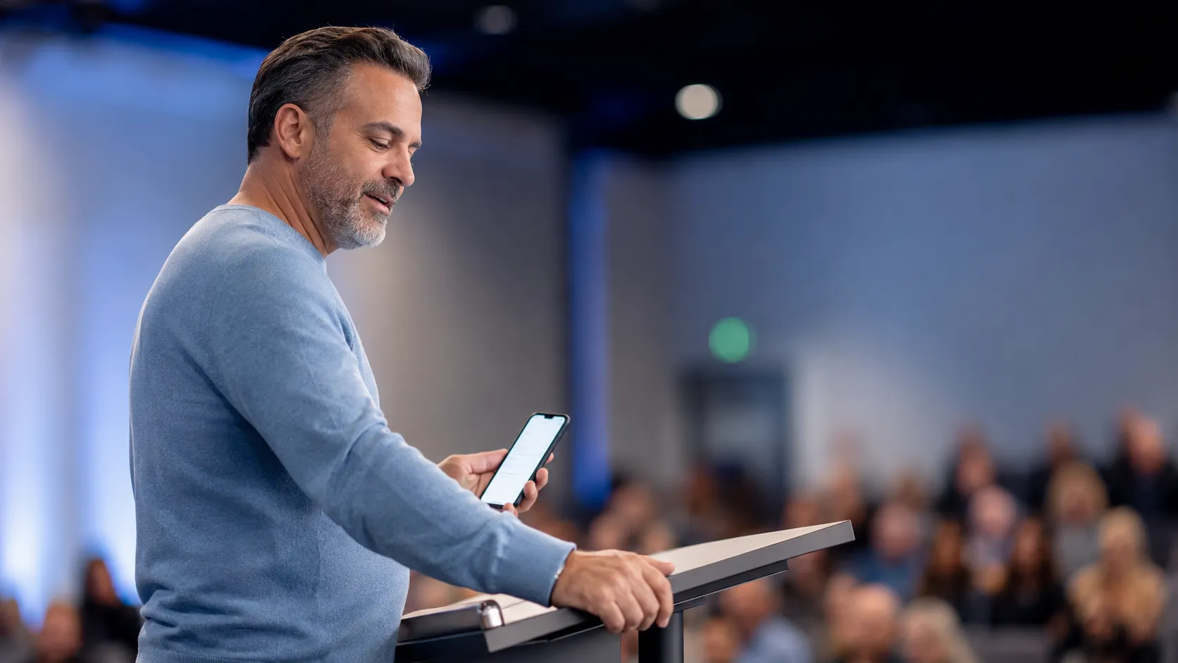 A pastor preaching from his phone at a lectern in front of a congregation
