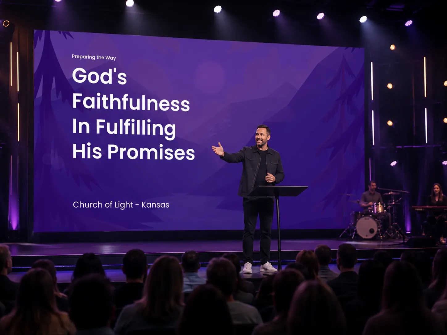 A pastor preaching on stage in front of a large sermon title slide